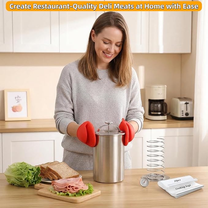 Deli Meat Press Stainless Steel with Thermometer, Lunch Meat Press Mold, Ham Maker Meat Press Tool, with 20 Cooking Bags + 2 anti-scalding clips, for Making Sandwich (Deli Meat Press Set)