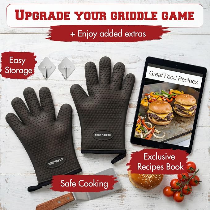 KITCHEN PERFECTION Silicone Griddle Grill Gloves Heat Resistant Oven Mitts | Waterproof, 5-Finger Design For A Better Grip, Best Griddle Grilling Accessories, Compatible with Blackstone, Weber & More