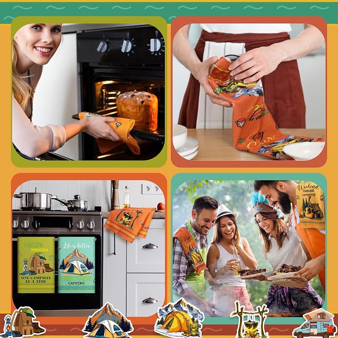 Boyiee 6 Pcs Camping Kitchen Towels Absorbent Dishcloths | Bonfire Tent Car Tea Towels with Funny Sayings 24 x 16 Inches Novelty Gifts for Rv Campers Happy Camper Accessories