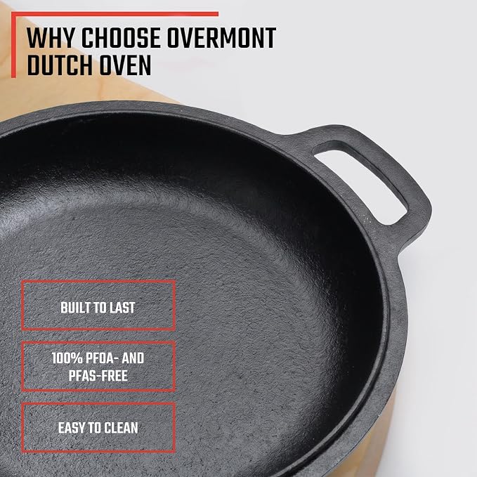 Overmont 5QT Double Dutch Oven - 2-in-1 Pre-Seasoned Cast Iron Pot & Recipe | Skillet Lid Doubles as Frying Pan, Heavy Duty Cast Iron Pot with Handle Covers, for Sourdough Baking Frying Outdoor Camping