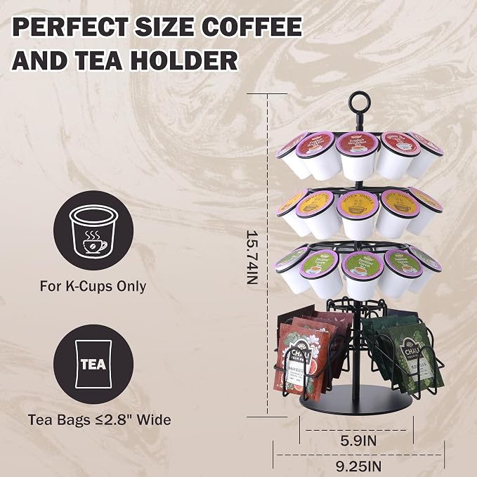 Coffee Pod Holder for Keurig & Tea Bag Organizer, K-Cup Holder Compatible with 36 K-Cups Pods, 60 Tea Bags, Spins 360-Degrees Carousel Stand, Coffee Pod Tea Bag Storage Stand Organizer for Countertop