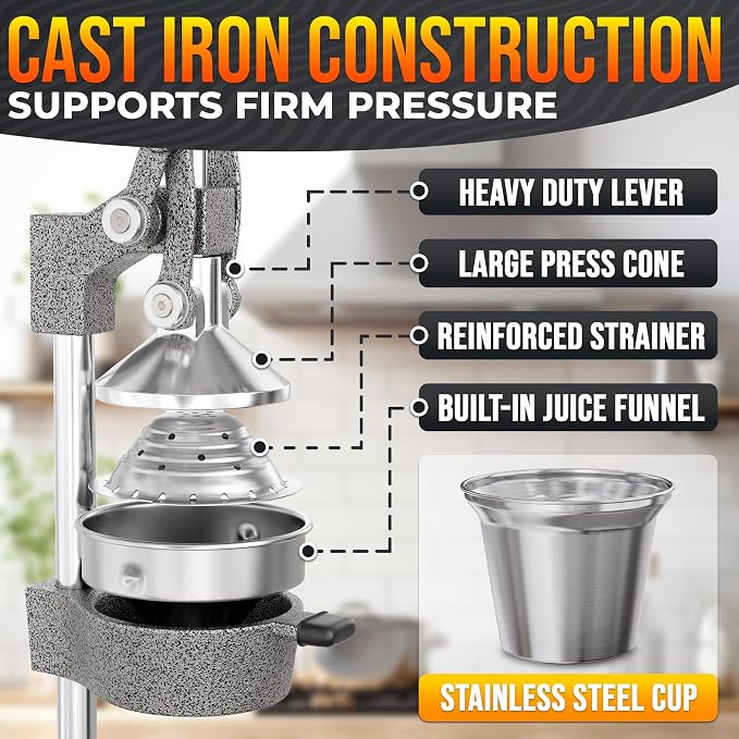 Cast Iron Juicer Hand Press, Heavy-Duty Squeezer, 304 Stainless Steel Bowl – One Pull Extracts Full Juice – Manual Citrus Press Juicer & Orange Squeezer for Lemon, Lime & Lemonade at Home Bar (Silver)