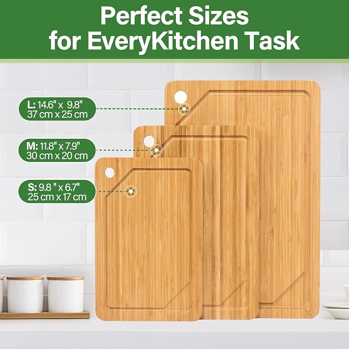 Bamboo Cutting Board Set, 3-Piece Cutting Board with Stand & Hanging Hole | Chopping Board for Kitchen with Juice Groove, Serving Board, Ideal for Meat, Vegetables and Cheese
