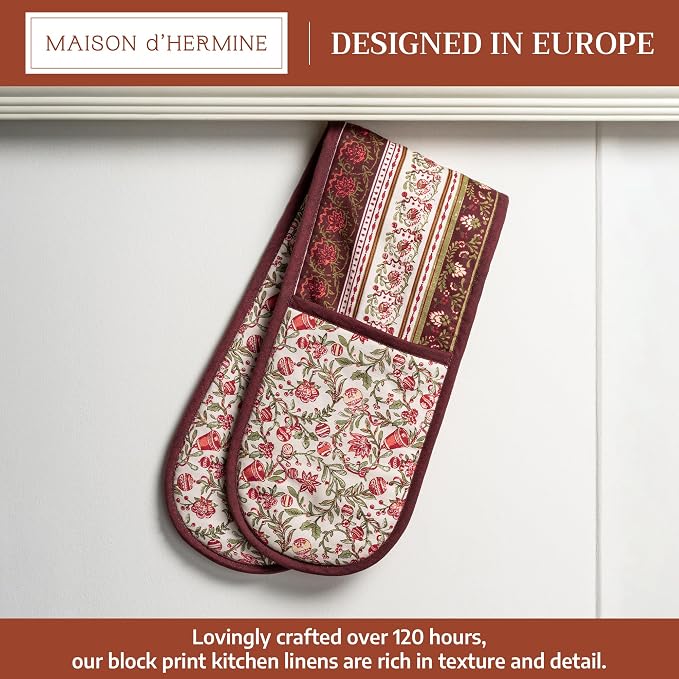 Maison d' Hermine Double Oven Mitts 100% Cotton Double Oven Glove (7"x35") | Heat Resistant BBQ Cooking Gloves with Loop Baking Kitchen Home Hotel Farmhouse Thanksgiving Christmas - Reveillon Au Jardin