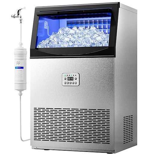 Commercial Ice Maker Machine, 110LBS/24H with 50 Ice Cubes, 33LBS Ice Storage Capacity, Stainless Steel Freestanding & Under Counter Ice Maker with Water Filter for Home, Bar, Cafe, Outdoor