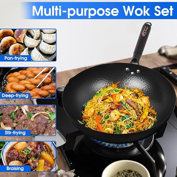 Souped Up Recipes 12.5 Inch Carbon Steel Wok For Electric, Induction and Gas Stoves (Lid, Spatula and User Guide Video Included)