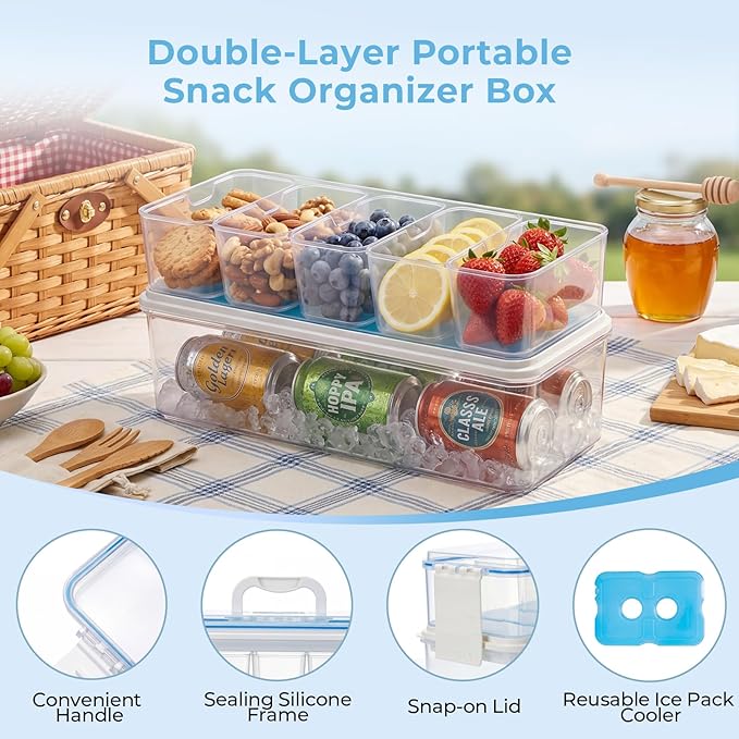 Homelove Snackle Box Container with 2 Plastic Ice Packs, Snack Organizer Divided Serving Tray with Lid and Handle, Double-layer Tray and 5-Compartment Snack Platter for Travel Party Beach Picnic