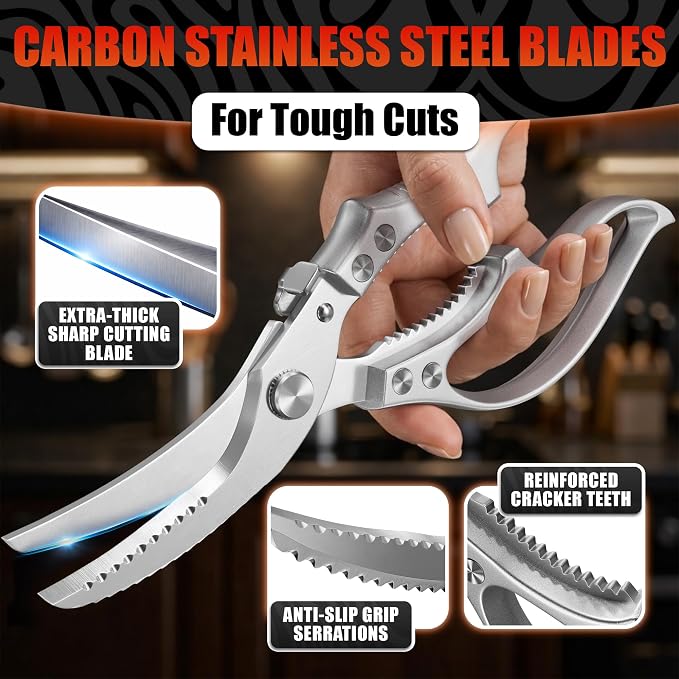 Stainless Steel Poultry Shears, Hardened Blades, Safety Lock | Heavy Duty Kitchen Shears for Food with Nutcracker and Fish Descaler; Spring-Loaded to Cut Chicken, Turkey, Meat and Bone