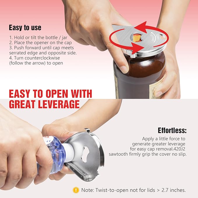 Uinxan 5 in 1 Bottle Opener for Seniors with Arthritis & Weak Hands | Opens Vacuum Seals, Water, Small Jar Lids(0.6"-2.7"), Beer Caps, Pull Tabs–Multi Portable Tool for Elderly/Women/Men (Silver)