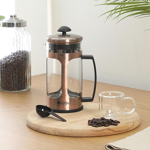 Mr. Coffee Daily Brew French Press Coffee Maker, 30-Ounce Glass Carafe with High Heat Resistant Durable Borasilicate Glass & Copper Metal Frame and Plunger, Includes Coffee Scoop