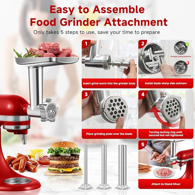 Meat Grinder Attachment for Kitchen Aid Stand Mixer, Food Attachment Included 4 Grinding Plates, 3 Sausage Stuffer Tubes & Holder, 2 Grinding Blades, Burger Press, Dishwasher Safe, Stainless Steel