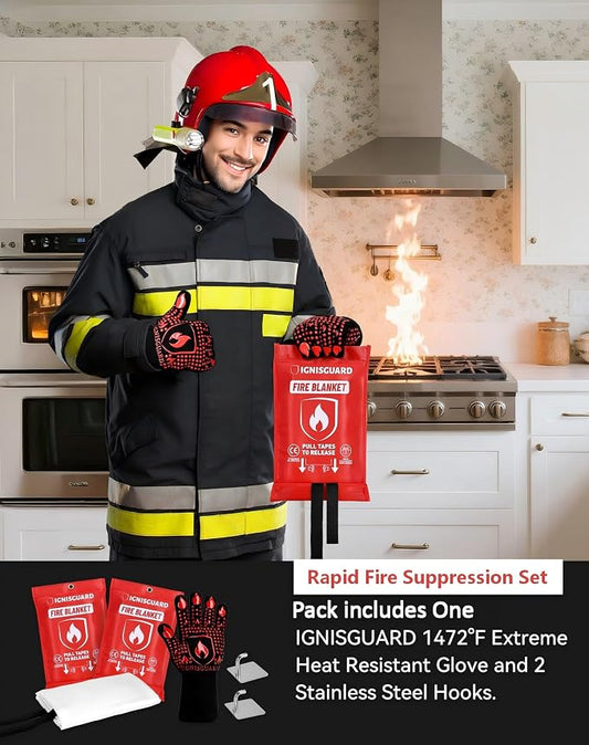 Emergency Fire Blankets for Home and Kitchen, 2-Pack 40"x40" Fiberglass Fire Suppression Blanket for Grease Fires, BBQ Grill, Camping, RV, Fireplace & Survival Safety