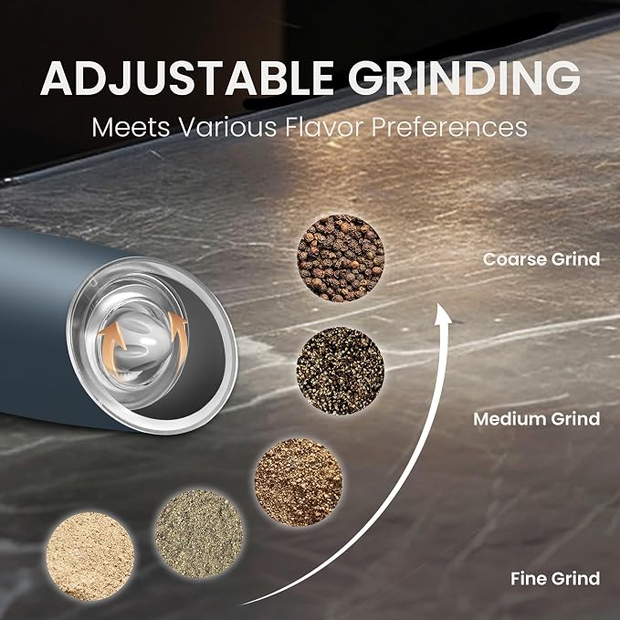 Battery Operated Salt And Pepper Grinder Set with LED Light, Automatic Electric Gravity Salt And Pepper Shakers Set, Each 6 AAA Batteries Needed, Adjustable Roughness, 2 Pack (Grey)