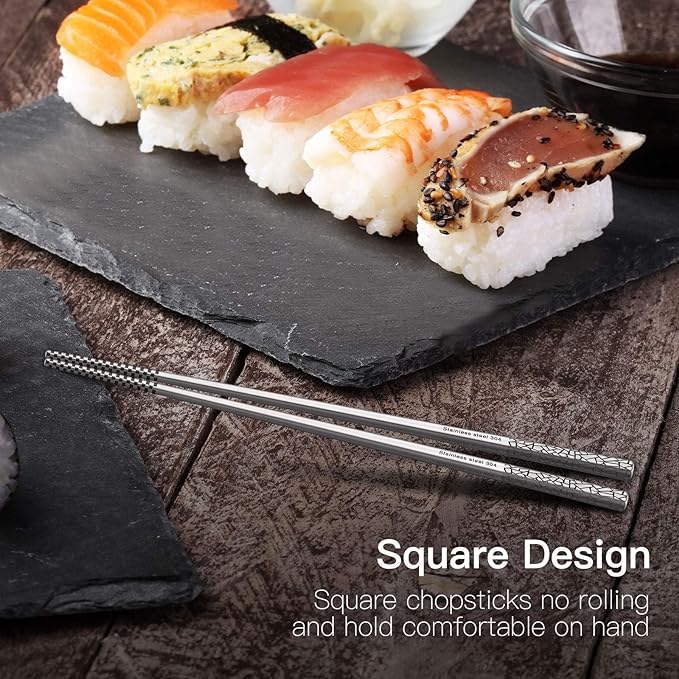Metal Chopsticks Reusable 18/8 Stainless Steel Chopsticks Multipack Dishwasher Safe Chop Sticks Cute Laser Engraved Non-slip Japanese Korean Chopstick for Cooking Eating 9 1/4 Inches 5 Pairs Gift Set