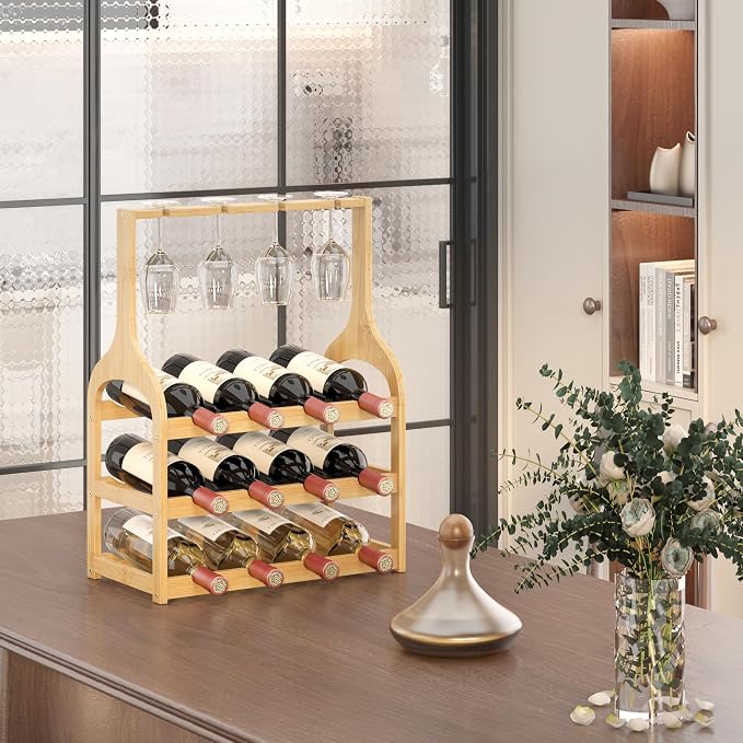 Bamboo Small Wine Rack Countertop, Freestanding Bottle Storage Holder | 12 Wine Bottles and 4 Glass Holder | Wooden Wine Storage Organizer Shelves for Kitchen Bar, Cellar, & Dining Room | Natural