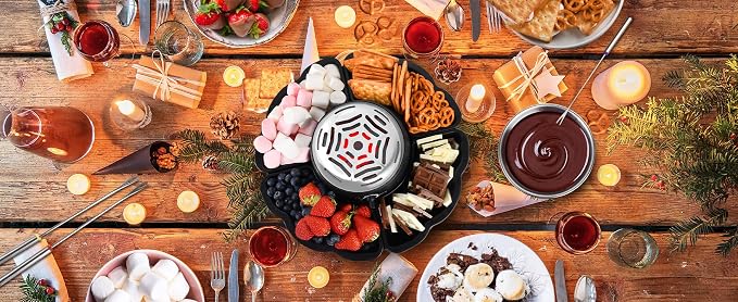 Electric S'mores Maker and Chocolate Fondue Set, Flameless Marshmallow Roaster with Adjustable Temperature, Stainless Steel Grill, Serving Tray and Roasting Forks