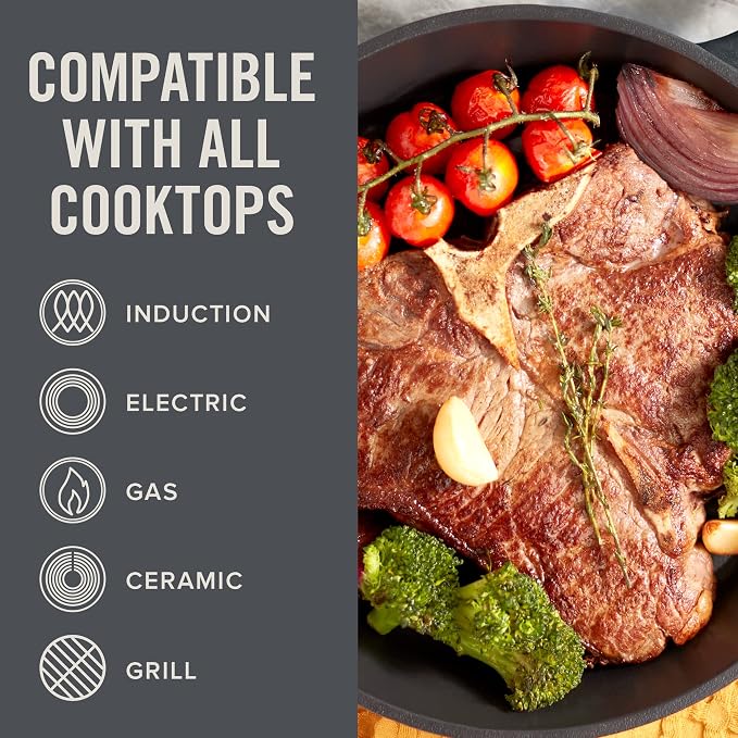 DASH Zakarian x Nonstick Cast Iron Skillet - Versatile Frying Pan Cookware - Oven-Safe Searing Skillet with Pour Spout and Quick-Clean Surface - Rust-Resistant - Black, 9.5-Inch