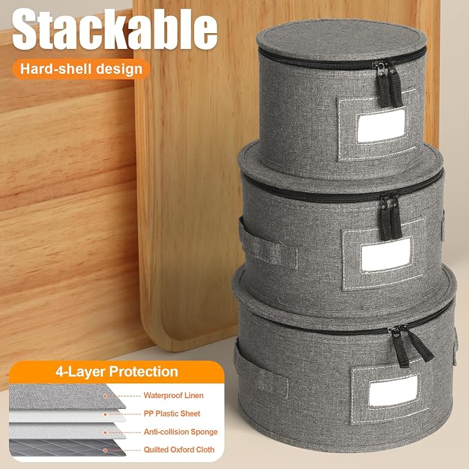 Kukikan China Storage Containers, 4 Pack Hard Shell Moving Boxes, Dish Storage Containers with Felt Dividers for Charger Plates Dinnerware, Stackable Cases for 12 Place Setting Up to 11.4" Dia.
