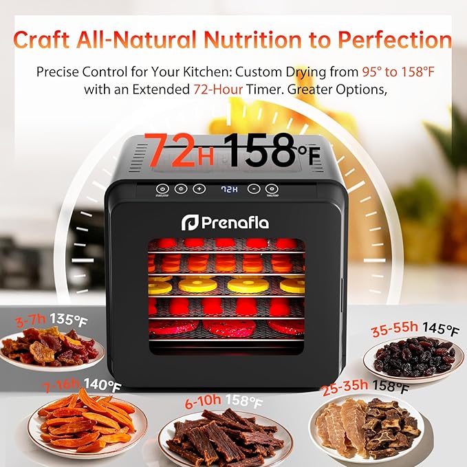 Food Dehydrator for Jerky, 5.5 ft² Large Drying Space, 6 Stainless Steel Trays Dehydrator Machine, 72H Timer, 158°F Temperature Control Fruit Dehydrator for Herbs, Meat, and Yogurt