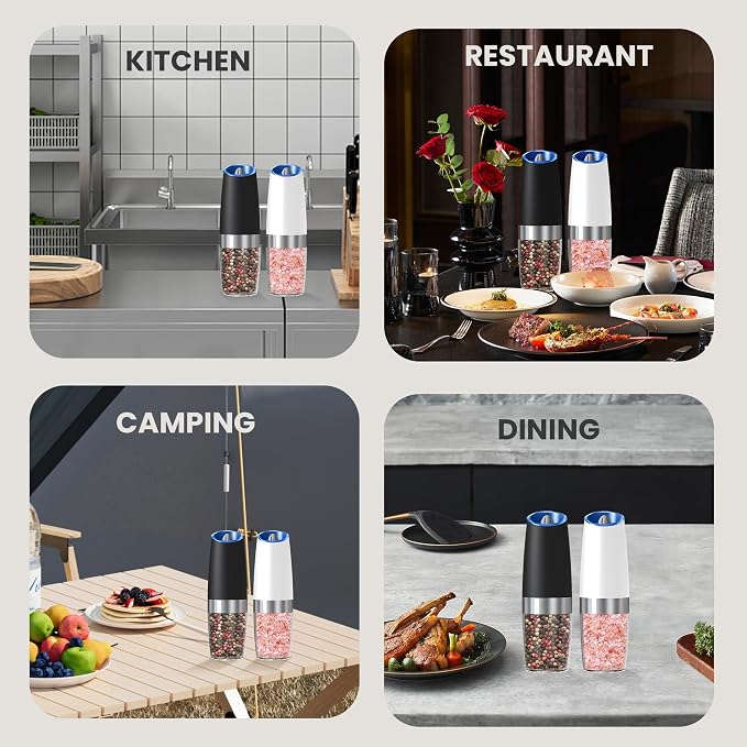 Battery Operated Salt And Pepper Grinder Set with LED Light, Automatic Electric Gravity Salt And Pepper Shakers Set, Each 6 AAA Batteries Needed, Adjustable Roughness, 2 Pack (Black+White)