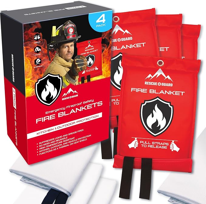 Fire Blanket 4 Pack 40”x40” - Fire Blankets Emergency for Home and Kitchen - Emergency Blankets for Survival - Home House Safety Supplies kit Must Haves - Firemen Safety Gifts and Essential Stuff