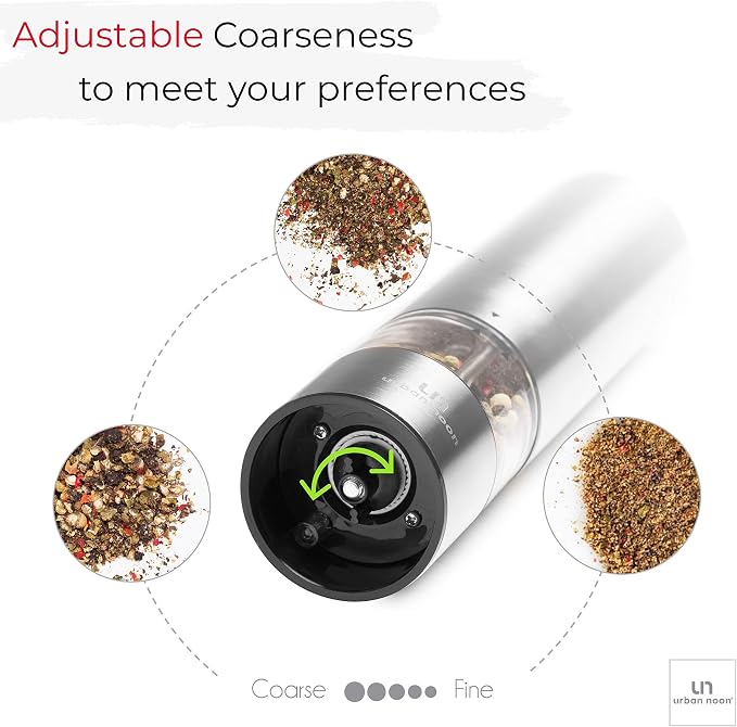 Urban Noon Electric Salt or Pepper Grinder (1 Mill, 8.1" Tall) - One-Handed Push-Button Mills with LED Light, Adjustable Ceramic Coarseness, Gift-Ready Box, 1-Year Warranty - Stainless Steel