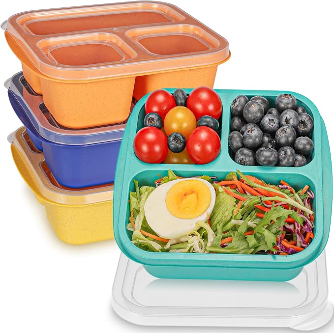 TOUWMX Bento Box For Kids, 4 Pack 3 Compartments Lunchable Meal Prep Containers Lunch Containers, Reusable Snack Containers with Lids, Snack Boxes for School, Work, and Travel