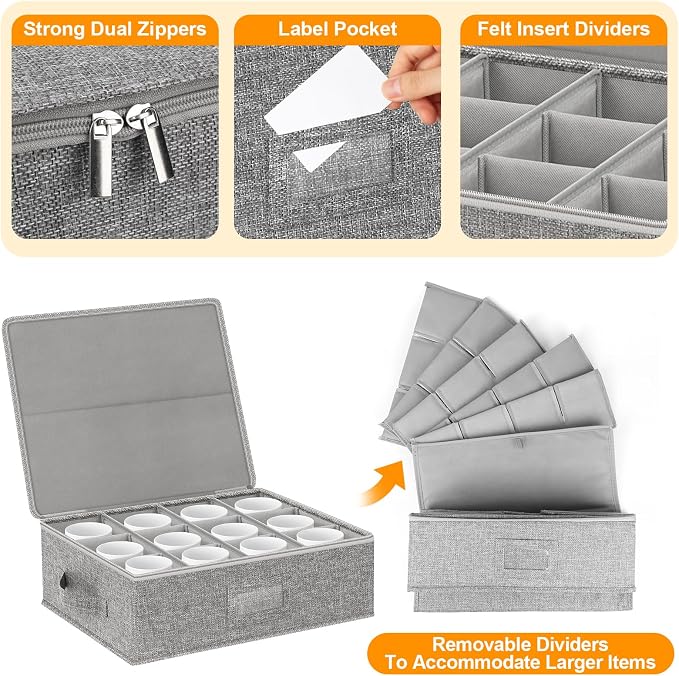 Kukikan Coffee Mug Storage Box 2 Pack with Dividers, China Storage Containers Organizer for Moving, Hard Shell & Stackable for 24 Coffee Tea Cups 5.5" Tall with Sturdy Lid & Handles, Grey