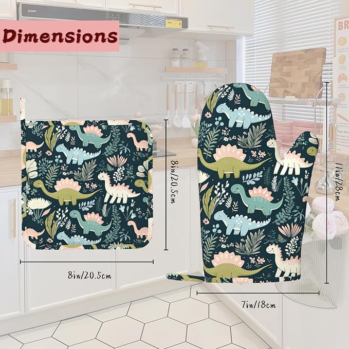 Cute Dinosaur Heat-Resistant Silicone Oven Mitts and Pot Holders 4 Piece Set,Extra Long Non-Slip Kitchen Oven Gloves for Cooking, Baking, BBQ,Grilling