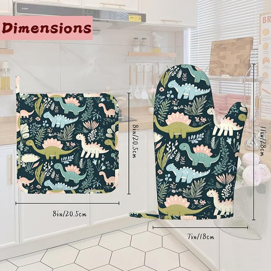 Cute Dinosaur Heat-Resistant Silicone Oven Mitts and Pot Holders 4 Piece Set,Extra Long Non-Slip Kitchen Oven Gloves for Cooking, Baking, BBQ,Grilling