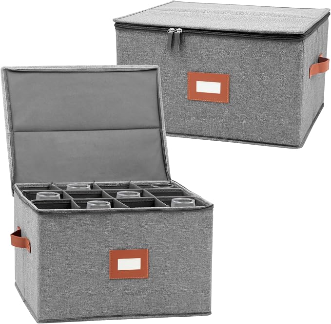 Wine Glass Storage Box with Dividers, Stemware Storage Containers for Glassware or Crystal, China Storage Containers Hard Shell, Moving Supplies, Hard Top, Sides and Stackable (2 Pack, Grey)