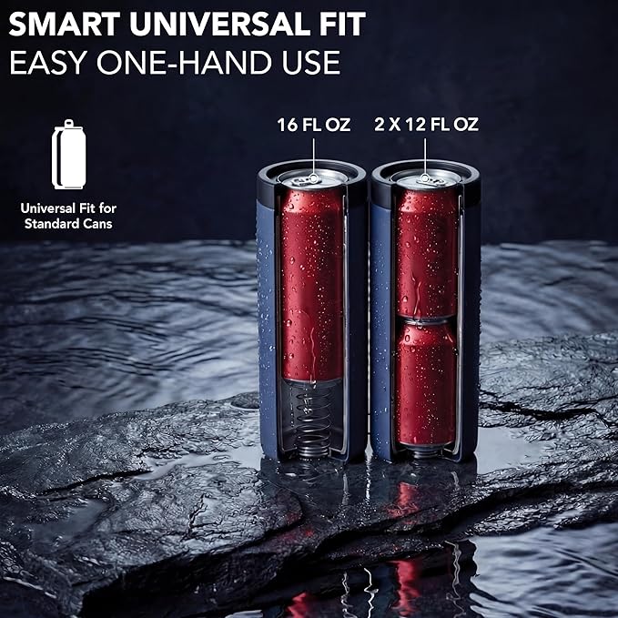 Stack'Em Patented Double Can Cooler Insulator - Holds Two 12 oz Cans - Stainless Steel Stackable Thermocooler - Reusable Drink Holder for Beer, Seltzer, Soda, Energy Drinks (Black)