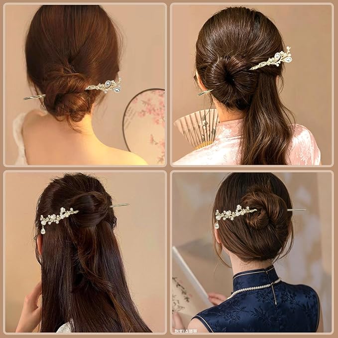 2Packs Lily of the Valley Chinese Hair Sticks for Buns, Pearl Flower Vintage Metal Hair Chopsticks for Women and Girls Dangle Tassel Pendant Accessories Hanfu Handmade Decor Hairpin (gold white)