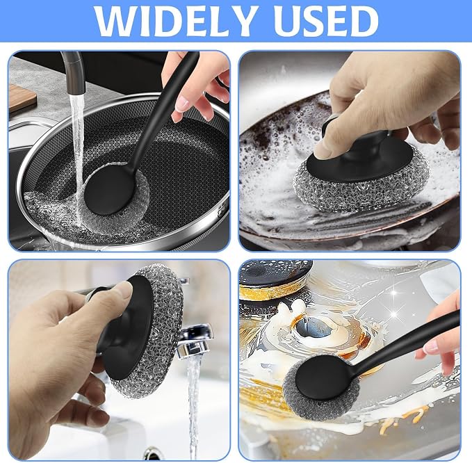 Scrubber with Handle Comes with Three Replacement Balls Steel Wool, Short Handle Scrubber, Steel Wool Scrubber Supplies Dish Scrubber, Stainless Steel Scrubber Tool Metal Scrubber for Dishes