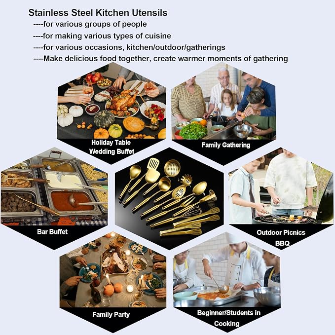 Gold Kitchen Cooking Utensils Set 13 PCS Stainless Steel 12-13.7" | Food-grade 304, Dishwasher Safe,Rust-proof, Made To Last,Easy To Store,Good Choice for Presents