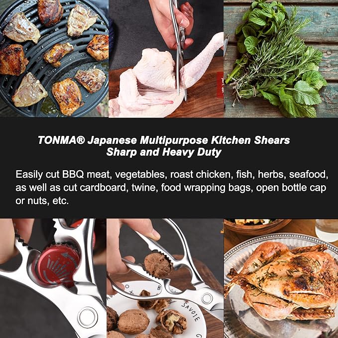 TONMA Kitchen Shears, Made in Japan, Heavy-Duty Stainless Steel, TK-3 | 4 mm Extra-Thick Blades, Japanese All-Purpose Kitchen Scissors for Food, Poultry & Seafood, Satin Finish, Dishwasher Safe