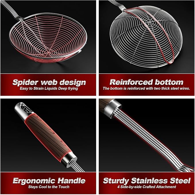 IQCWOOD Spider Strainer Skimmer Spoon Stainless Steel, 6.3" | Stainless Steel Fryer Scoop for Deep Frying, Pasta and Vegetable, Kitchen Utensil Wire Strainer Ladle Dishwasher Safe