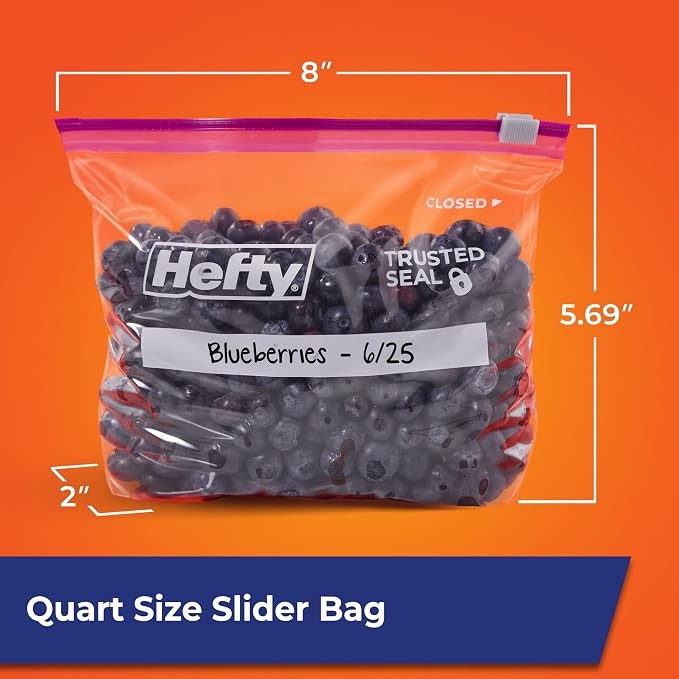 Hefty Slider Storage Bags, Quart Size, 78 Count | Bulk Pack, Quart Storage Bags for Food, Snacks, Toiletries, and More, Writable Label, Stand and Fill, Secure Slider Closure
