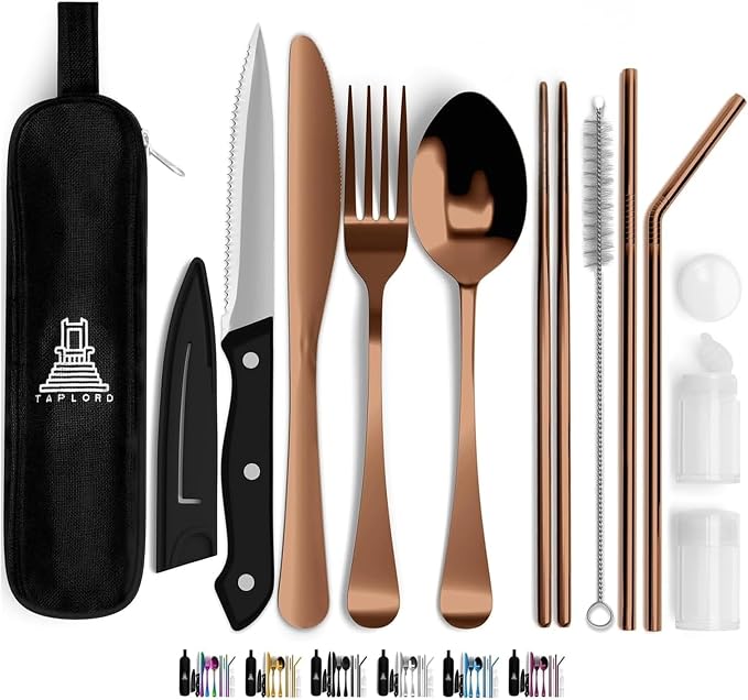 Taplord Portable Travel Silverware Set With Case, Includes 10 Pcs of Travel Utensils With Case, Stainless Steel Flatware Set For Camping, Lightweight (Rose Gold)