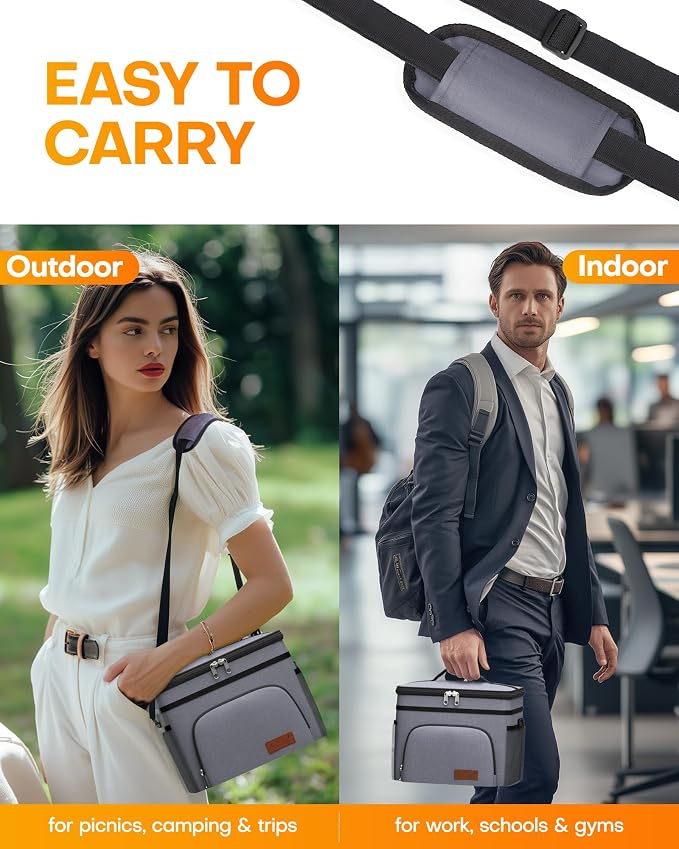 HOTOR Insulated Lunch Box Men Women Leak-Proof Cooler Lunch Bag 9L | 4 Pockets, Adjustable Strap, Ideal for Work, Picnic, Travel, Camping, Gift, Light Grey