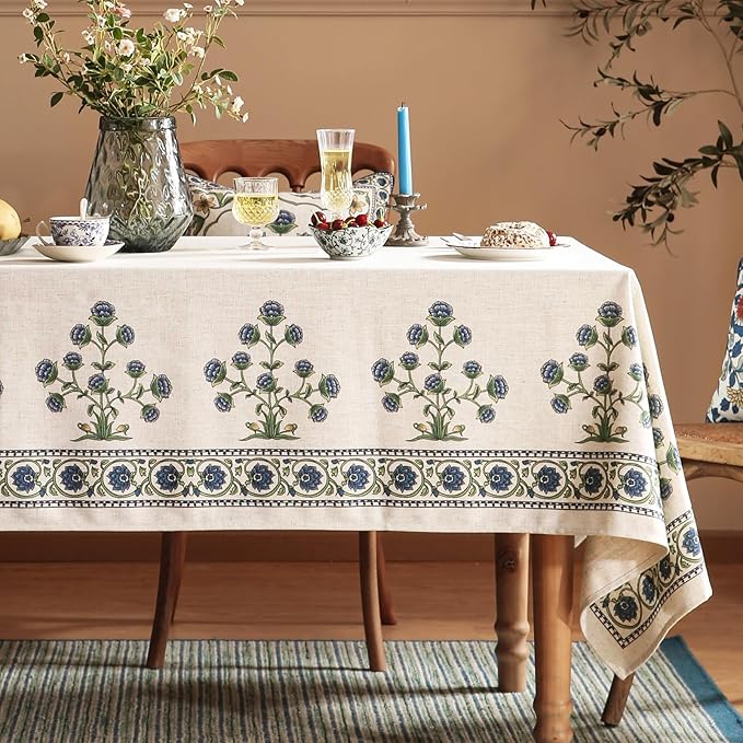 patdrea Designer Linen Vintage Long Blue Rectangle Tablecloth,Leaves Pattern Anti-Wrinkle Floral Table Cloth,Table Cover Cloth Decor for Kitchen Dining,Christmas,Thanksgiving,Party,63"x94"-Ivar B