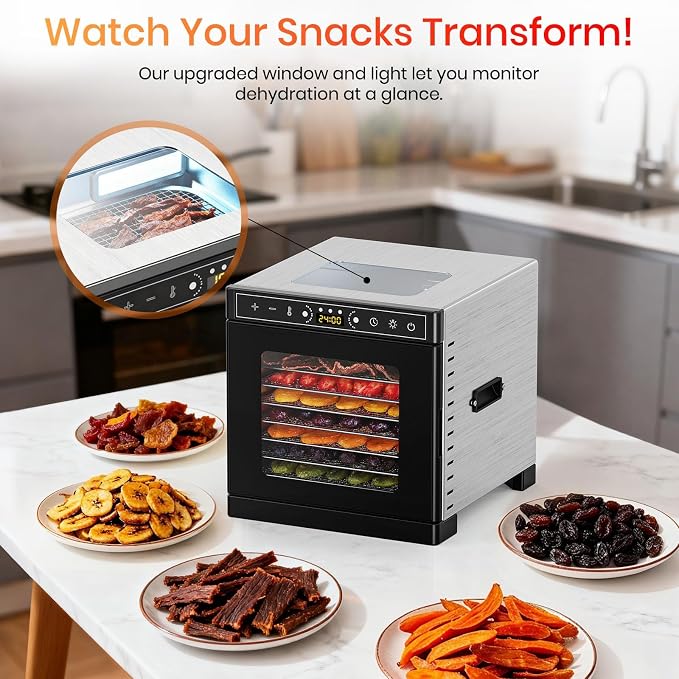 8-Tray Food Dehydrator, 400W, Stainless Steel, 195°F & 24H Time Control | Visible Window Built-in Lighting Stainless Steel