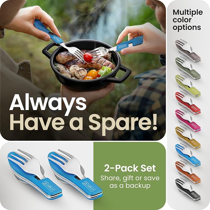 Orblue 4-in-1 Camping Eating Utensils, 2-Pack - Portable Spoon, Fork, Knife & Bottle Opener Combo Set - Stainless Steel Flatware with Detachable Fork - Travel, Backpacking Cutlery Multitool, Blue