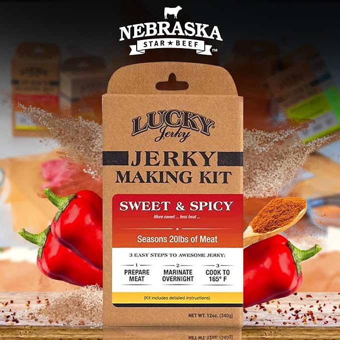 Lucky Jerky Sweet & Spicy DIY Beef Jerky Seasoning and Cure Kit, 12 Oz | Make Your Own Sweet & Spicy Beef Jerky at Home, Brown Sugar and Red Pepper Heat, Seasons 20 lbs of Meat