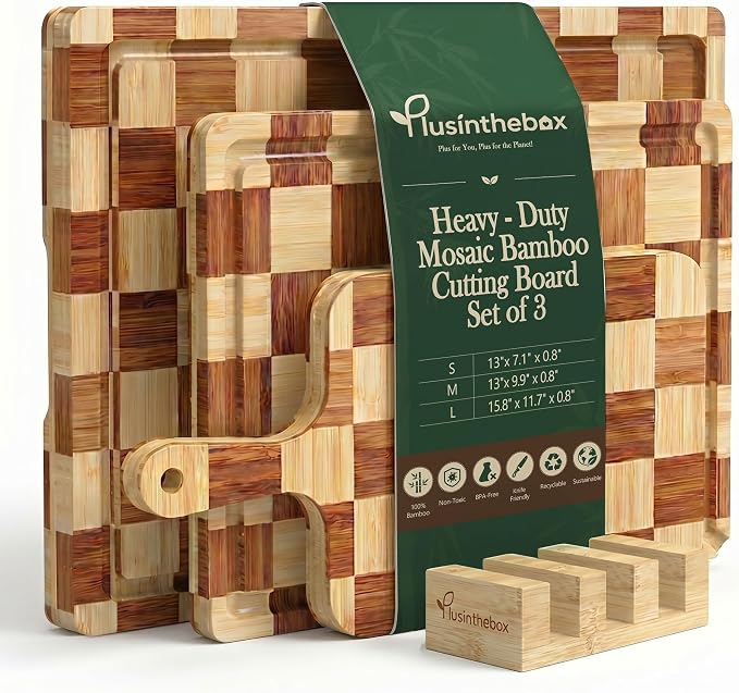 Checkered Cutting Board Set with Holder, Set of 3 End Grain Butcher Block Boards for Kitchen, Bamboo Serving Board with Handle for Cheese, Charcuterie, Meat, Fruit and Meal Prep