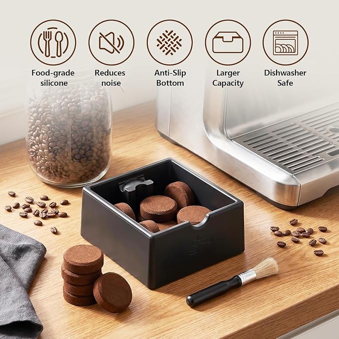 SelfTek Coffee Knock Box - Silicone coffee grounds container with Tamper Stand & Cleaning Brush Non-Slip Base & Handle, Easy Clean, Essential Coffee Maker Accessories