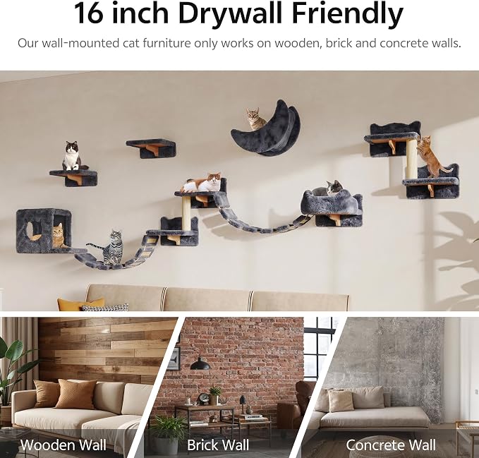 Cat Wall Furniture, 13 in 1 Moon & Bridge Cat Wall Shelves, Grey | Wall Mounted Cats Shelf Set with Plush Fabric, Cat Climbing Systems for 16 Inch Drywall, Condo, Scratching Post, Space-Saving