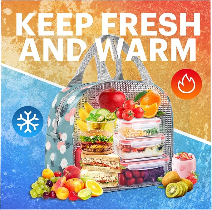 Lunch Bag for Women & Men Adult Insulated Lunch Box, Small Leakproof Cooler Food Lunch Containers Reusable High Capacity Lunch Tote Bags for Work, Travel, Outdoor - Green Flower