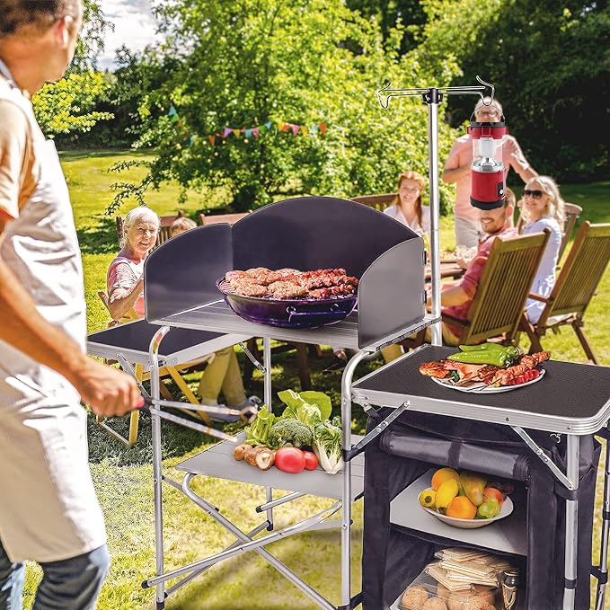CampLand Folding Camping Kitchen Table with Windscreen,Portable Outdoor Cooking Station with Storage Cabinet & Side Tables Heavy Duty Camp Cook Station for Camping & BBQ (Black)