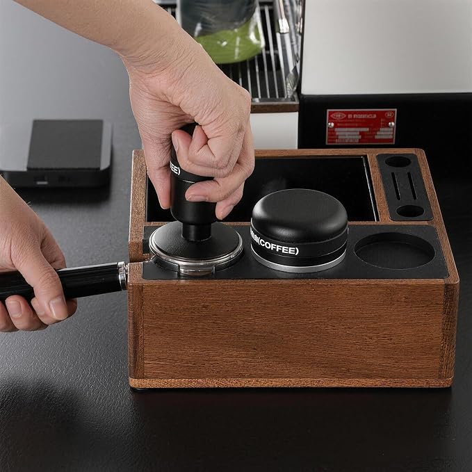 Walnut Espresso Knock Box and Tamping Station, Coffee Organizer Box Fit for 58mm Espresso Tamper Distributor Portafilter Holder & Puck Screen Multi Accessory Storage